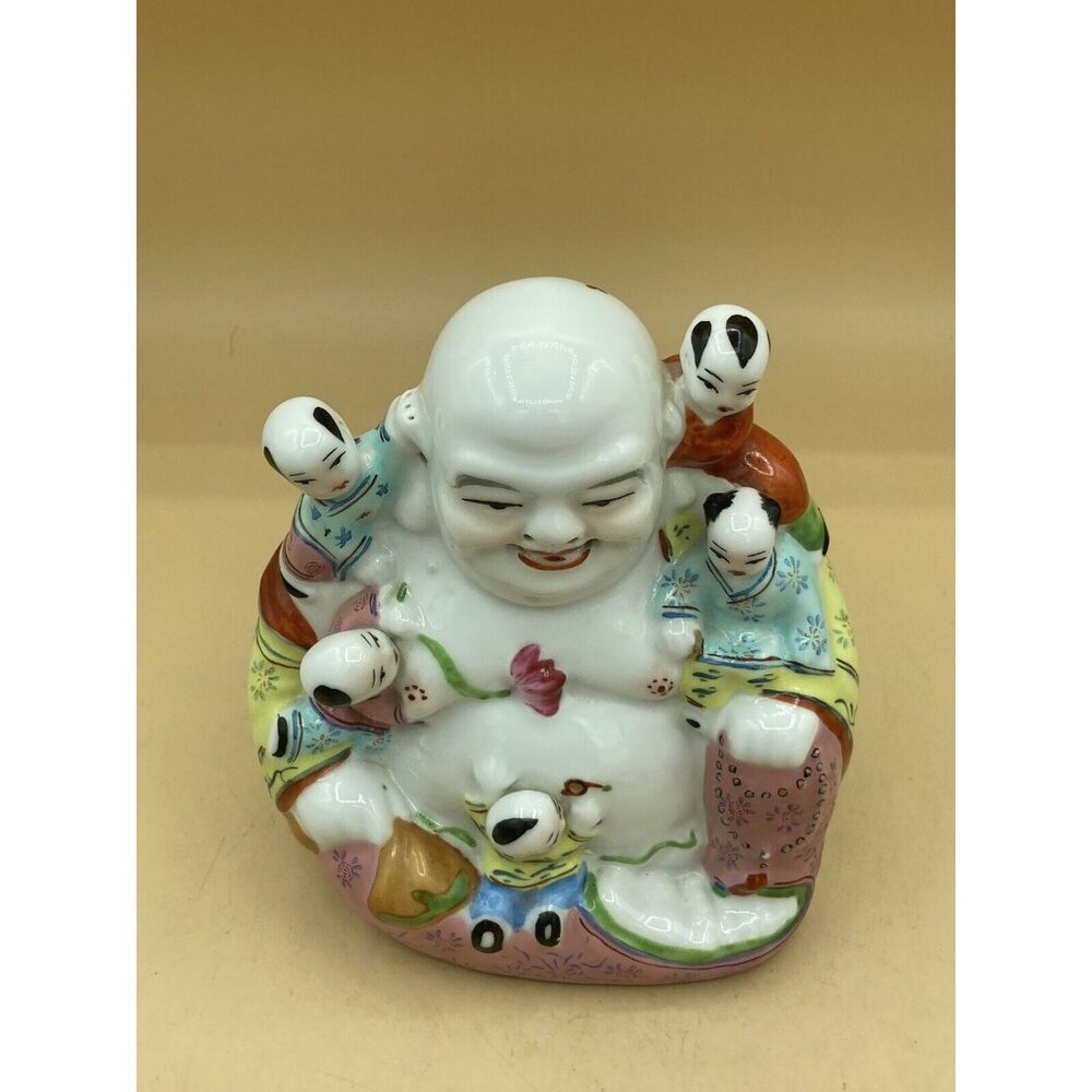 Vintage Chinese Porcelain Happy Buddha Statue With 5 Children READ